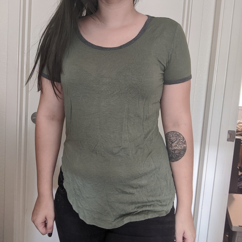 Olive grey trim flowy shiry